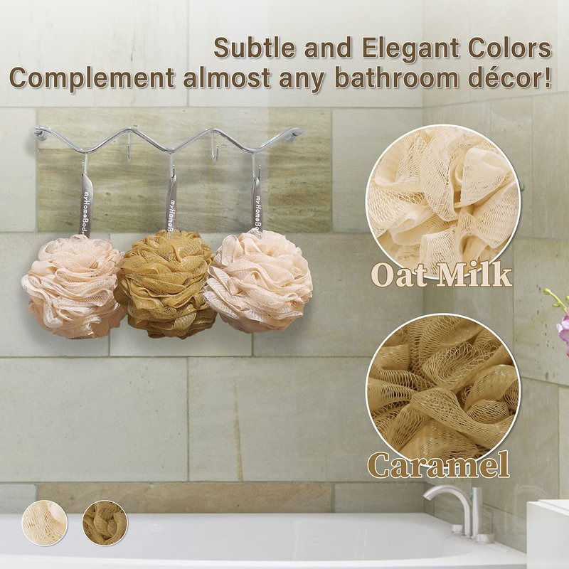 myHomeBody Large 70g Loofah Sponge, Body Scrubber, Bath Sponge, Loofah for Women, Men, Exfoliating Sponge Shower Pouf with Activated Charcoal - 2 Oat Milk + 1 Caramel, 3 Pack