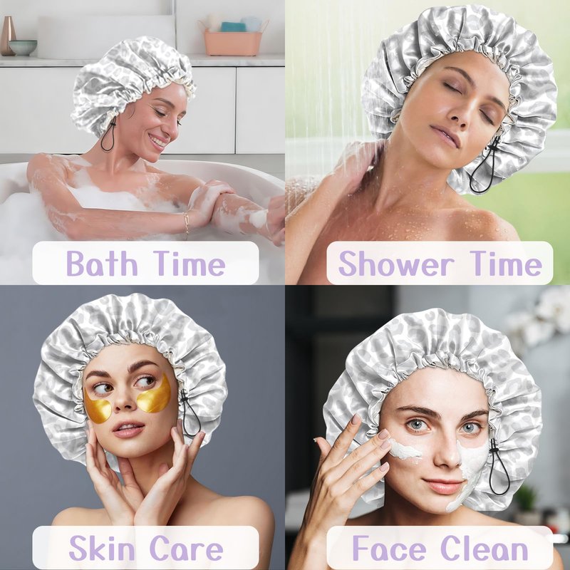 Deokke Luxury Shower Cap Silk Satin Lined Waterproof Reusable Adjustable Elastic Dry Hair Bathing Caps Cute for Women Girls-Gray Cheetah Leopard