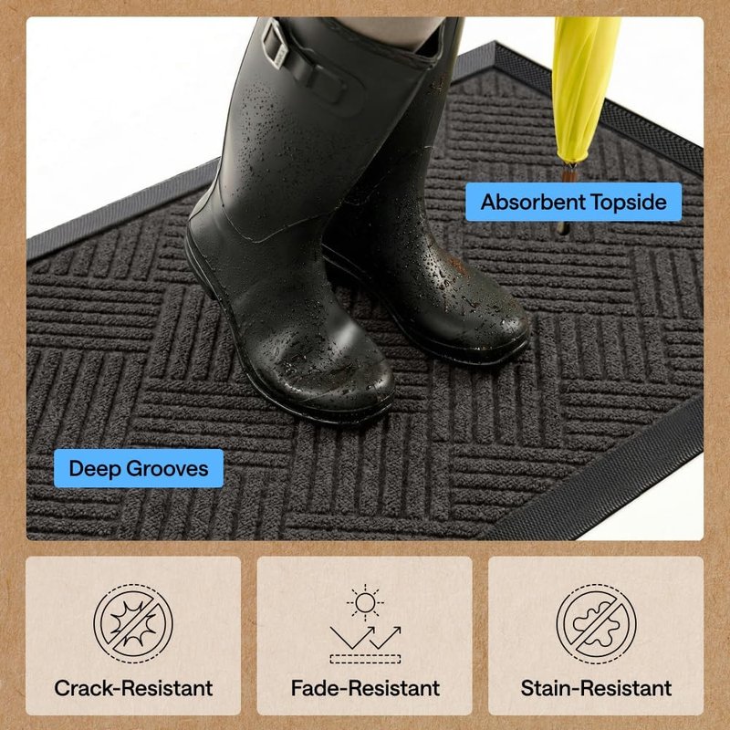 Gorilla Grip Waterproof All-Season Doormat - Natural Rubber, Stain & Fade Resistant | 29x17 Gray Diamond