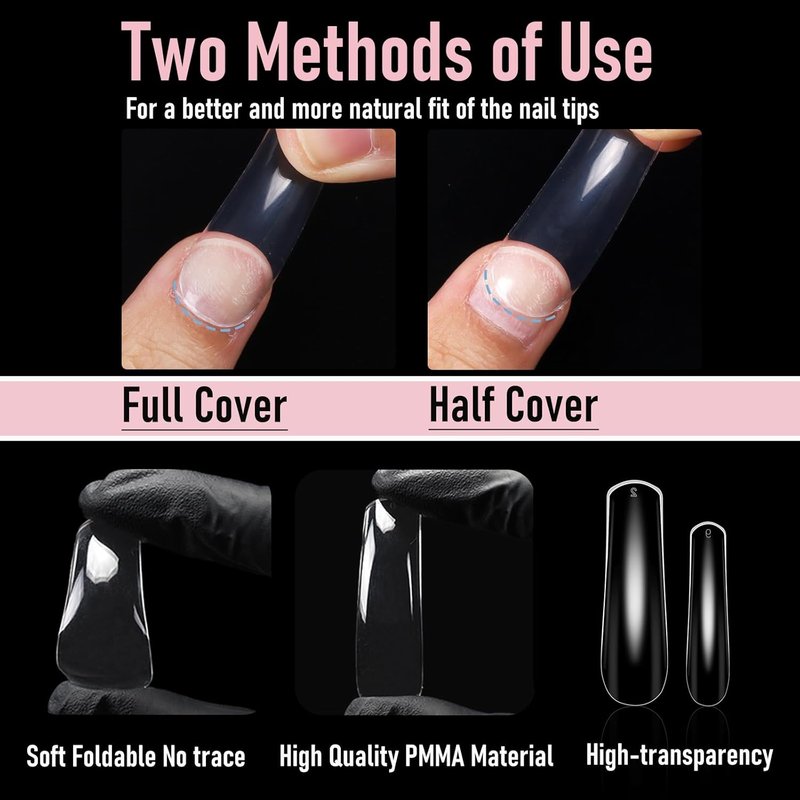 Skiennix Curved Square Nail Tips - Full Cover Clear XXL Acrylic Fake Nails | 240pcs in 12 Sizes