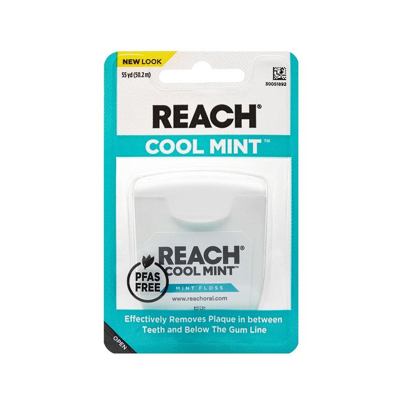 REACH Cool Mint Dental Floss, Fresh Mint, Plaque Remover for Teeth, Shred Resistant, Waxed, Easy on Gums & Teeth, Fresh Breath, Oral Care, PFAS Free, for Adults & Kids, 1 Pack, 55yd