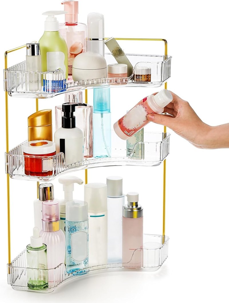 Cididu 3-Tier Corner Bathroom Organizer - Clear Countertop Shelf with Gold Metal Pole | Skincare & Perfume Storage