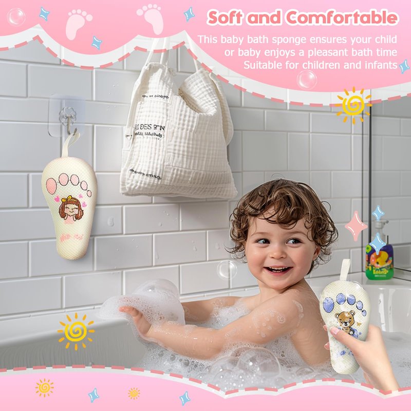 Baby and Kids Bath Sponge (2 Pack) Cute Foot-Shaped Child & Toddler Bath Exfoliating Body Scrubber luffa Sponge.Bath Sponge Specially Designed for Infants, Women, Boys, and Girls