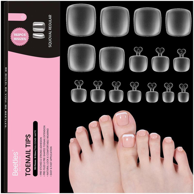 Beetles Soft Gel Toe Nail Tips Square - 16 Sizes 192 Pcs Full Cover Nail Tips Fake Acrylic Toe Nail Pre-etched Double Matte Press on Toenails, Toe Nail Extensions for Women