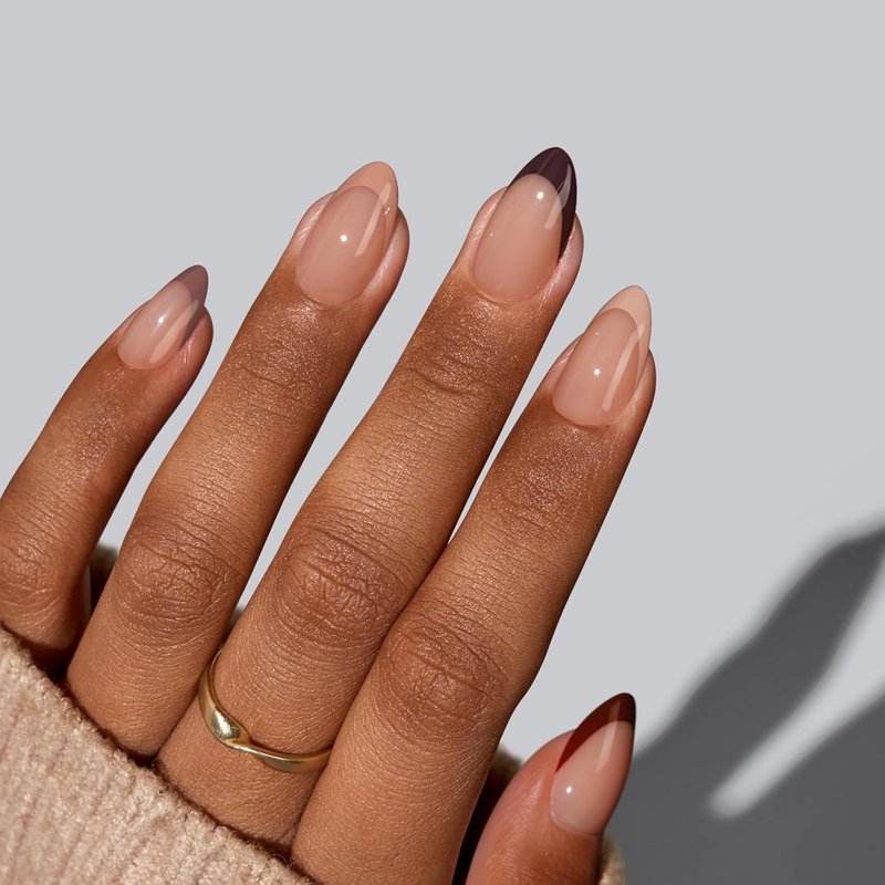 Press On Nails - Short Almond French Tip Design | Reusable Gel Nail Kit with Natural Glue - 32 Pieces in Morning Coffee