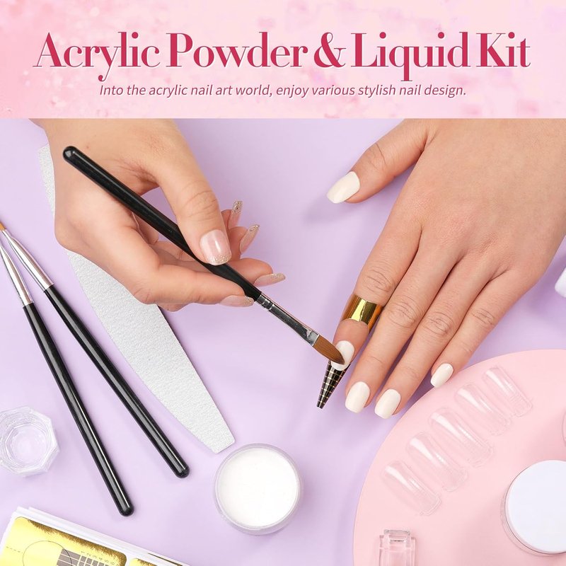 BORN PRETTY Acrylic Nail Kit - Clear, White & Pink Powder with Liquid, Forms, Brush & File | Beginner Friendly