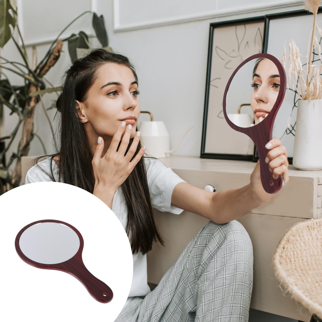 Wooden Handle Handheld Makeup Mirror - Lightweight Round Cosmetic Mirror for Travel & Home Use