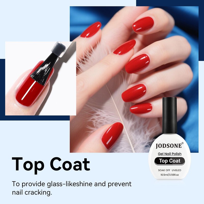 JODSONE Gel Top Coat - No Wipe Clear Finish for Long-Lasting Glossy Shine | 16.5ml Cured with UV Lamp