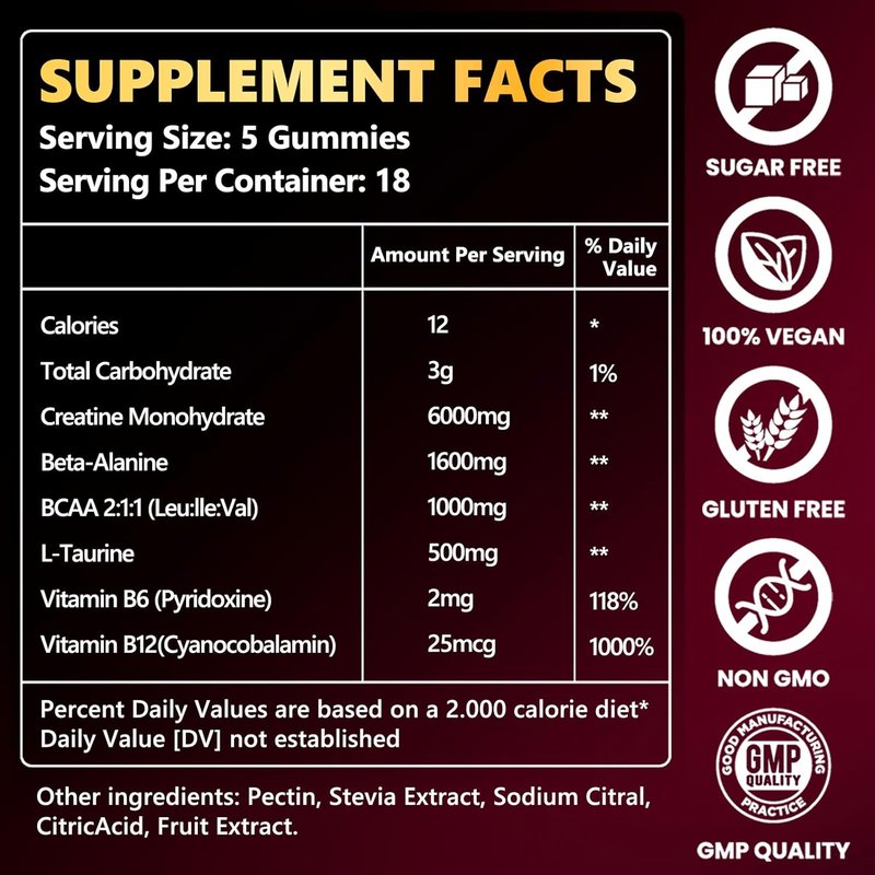 Skiennix Creatine Monohydrate Gummies - 6000mg Sugar-Free Formula for Enhanced Strength & Recovery