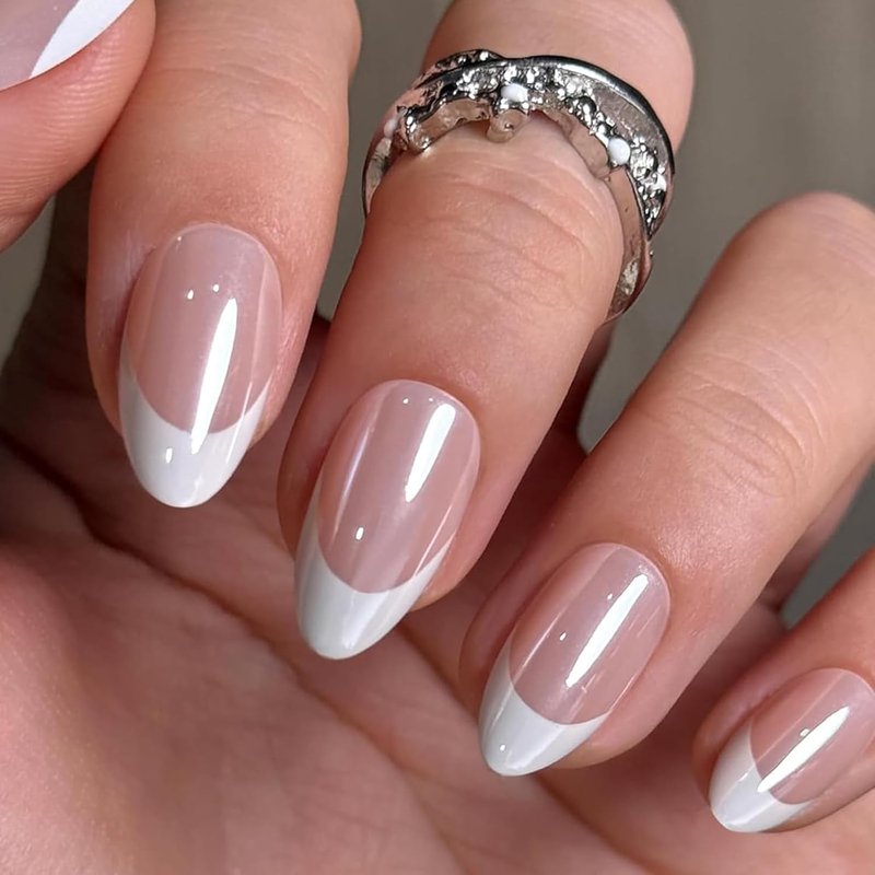 **Press On Nails - Almond French Tip Soft Gel Kit | 32 Reusable Chrome Fake Nails, 16 Sizes**