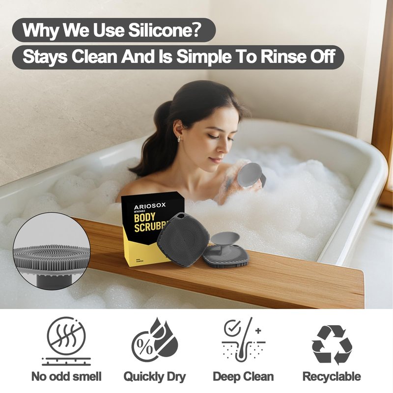 ARIOSOX Silicone Body Scrubber, Bath Brush,Gentle Texture Exfoliating Body Scrubber for Men and Women On Sensitive Skin, Soft Scrubber Builds Up Lather, Deep Skin Clean (Gray)