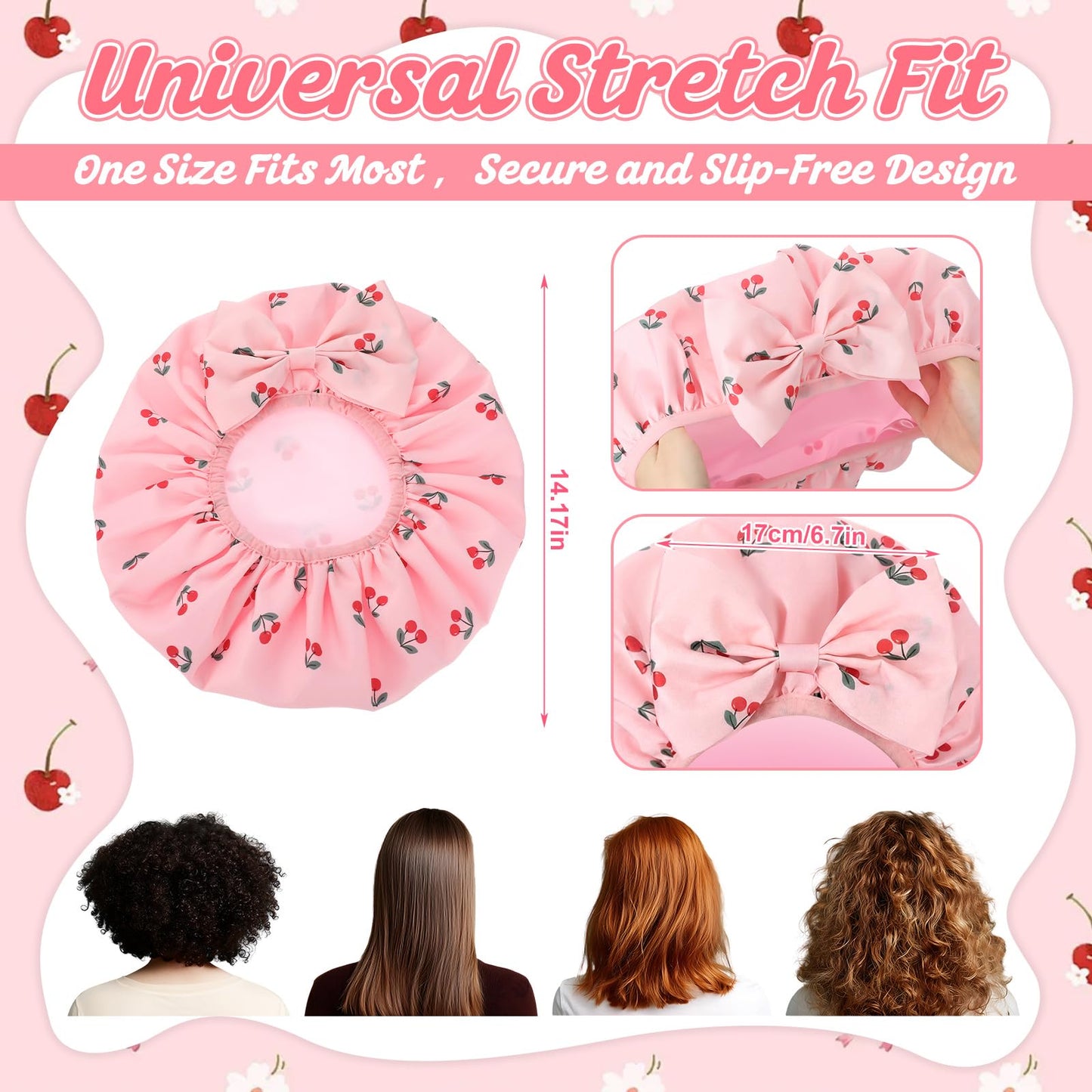 ramede Large Satin Lined Shower Cap for Women Reusable Waterproof Double Layer Bath Cap with Cherry Bow Large Washable Bath Caps with Soft Elastic Band Protect Long Hair Braids