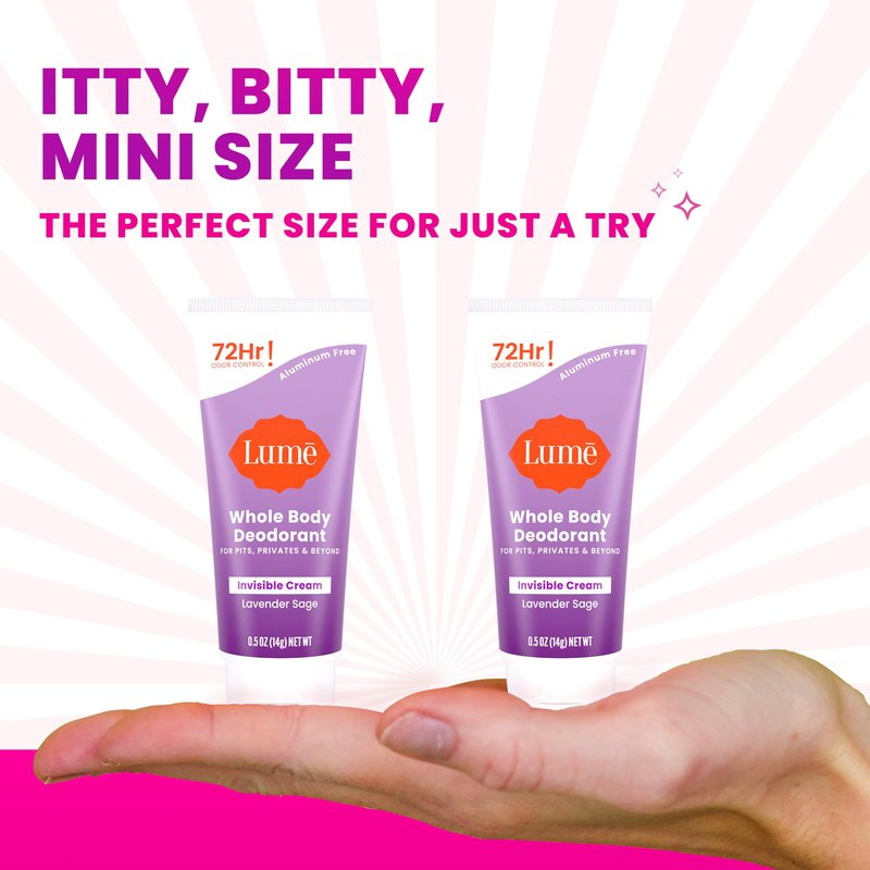 Lume Whole Body Deodorant - Mini Travel Size Invisible Cream Tube - Trial Size - 72 Hour Odor Control - Doctor Developed - Aluminum Free, Baking Soda Free - .5oz (Pack of 2) (Lavender Sage)