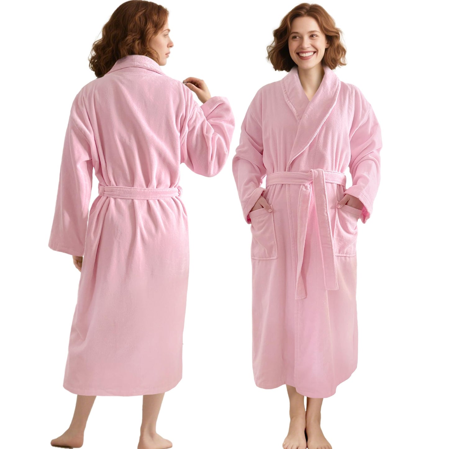 Women Bath Robe,Premium 100% Cotton Terry Shawl Collar Super Absorbent Bathrobe, Ideal Bathroom Robe,Pink