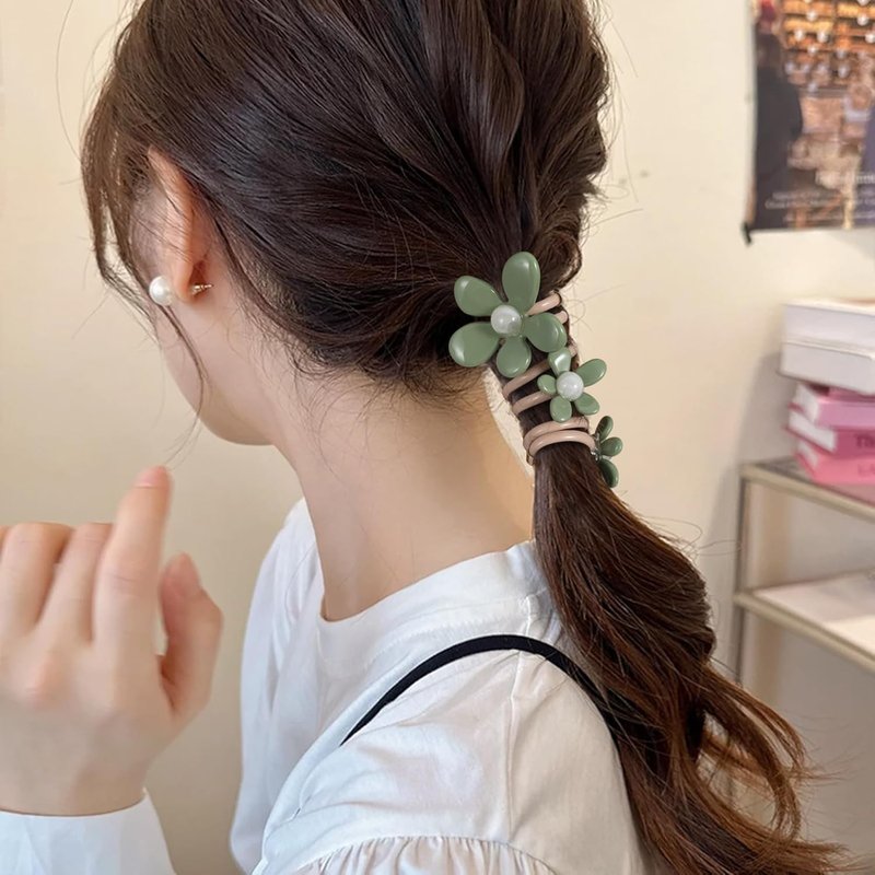 Flower Bead Spiral Hair Ties - 4PCS Floral Ponytail Holders for Women | Elegant Rubber Coils in 4 Colors