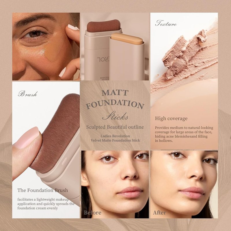 Matte Foundation Stick - Lightweight Buildable Coverage with Brush | Cream Color, 01