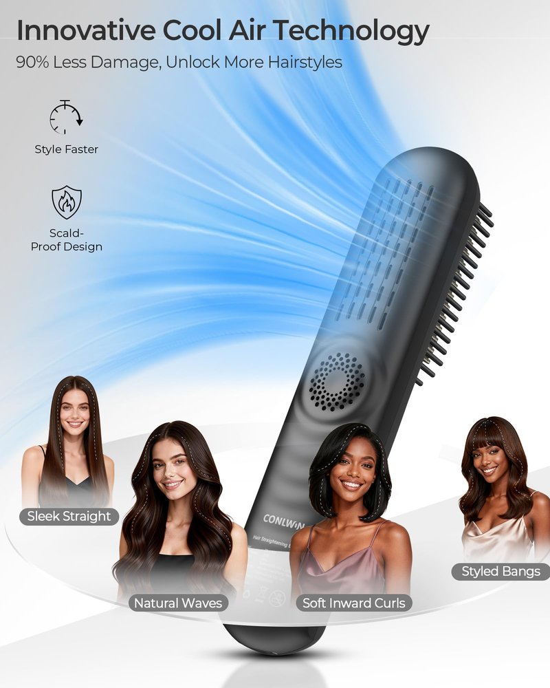 CONLWIN Cordless Hair Straightener Brush with Cool Air Long-Lasting Style, Portable Mini Travel Hair Straightener for Thick Curly Hair, 350M Negative Ions for Frizz-Free, Fast Heating, Gift for Women