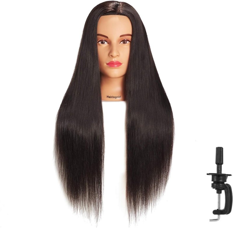 Hairingrid Mannequin Head - 26"-28" Hair Styling Training Doll with Synthetic Fiber Hair & Clamp Holder | Black