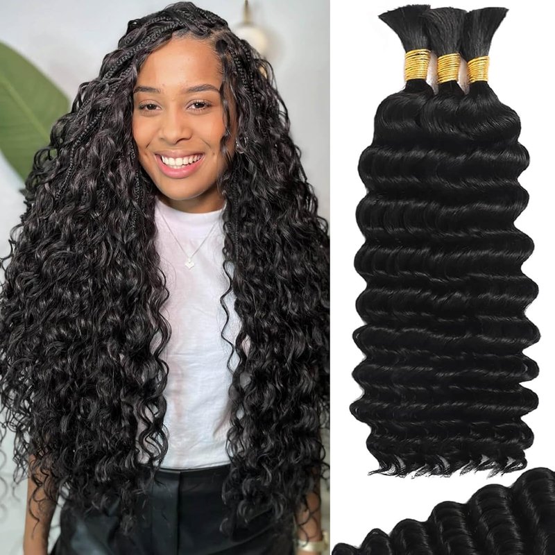 Skiennix 26-Inch Human Braiding Hair - 120g 12A Deep Wave Bulk Curly Bundles for Knotless Boho Braids | Natural Color, 3 Bundles/Pack
