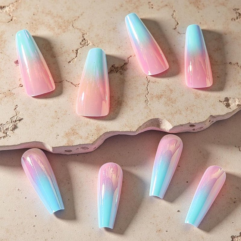 Pink Blue Gradient Press-On Nails - Glossy Long Coffin Acrylic | 24 Pcs Reusable Full Cover for Summer Beach Wear