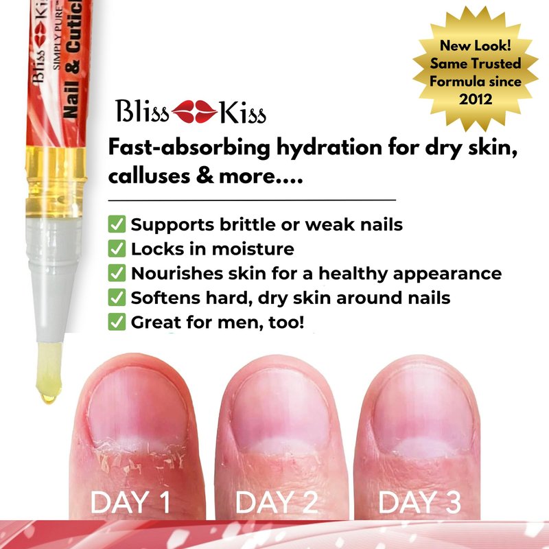Bliss Kiss | 1 Candy Cane Fragrance | Nail Oil Cuticle Pen w/Vitamin E & Jojoba⏤Nail Strengthener Nail Growth Serum for Brittle Peeling Breaking Thin Nails