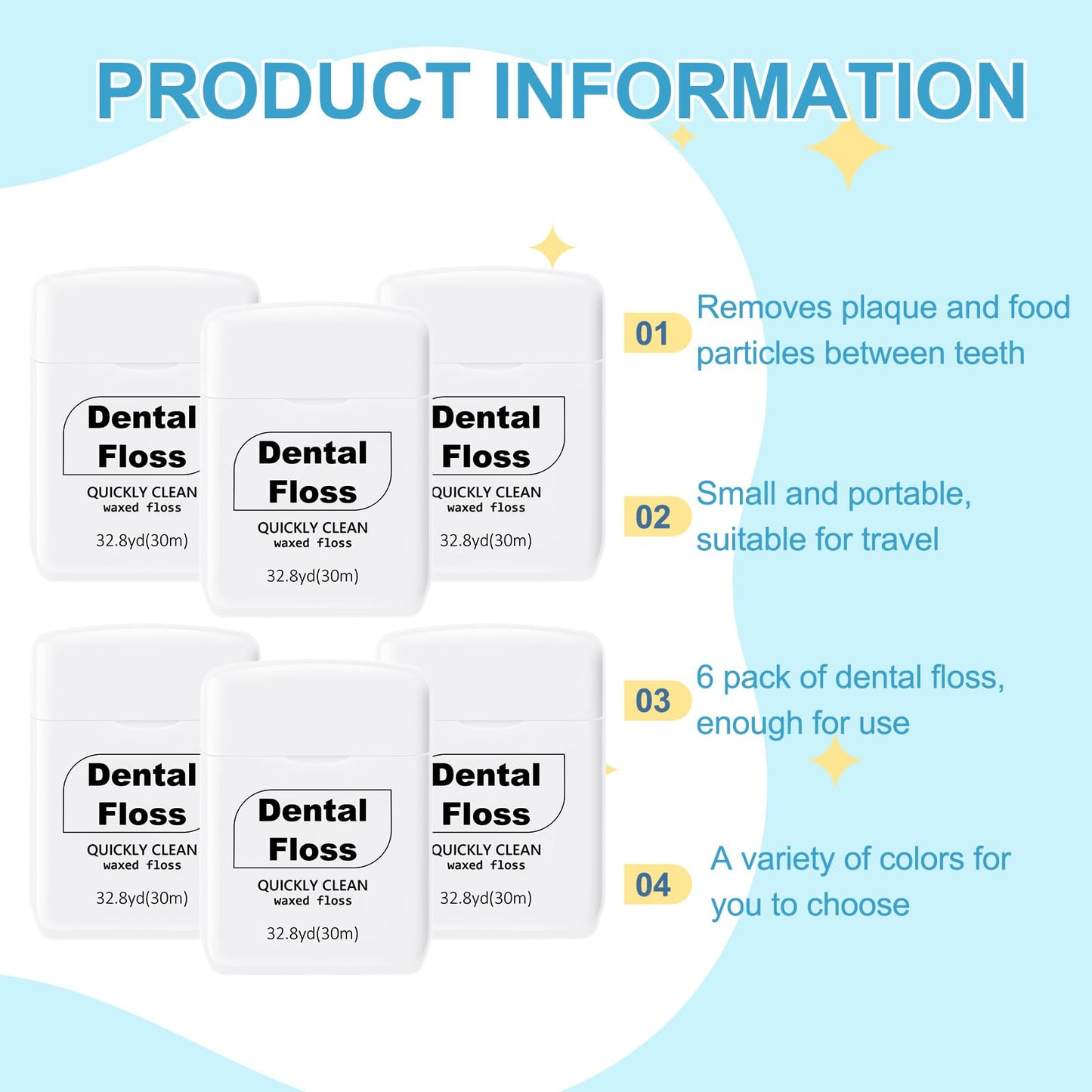 Baderke 6 Pack Mini Dental Floss, Travel Pack, 30 M Each Waxed Glide Floss Oral Care for Family Teeth Protection Effective Plaque Removal, Slides Smoothly(White)