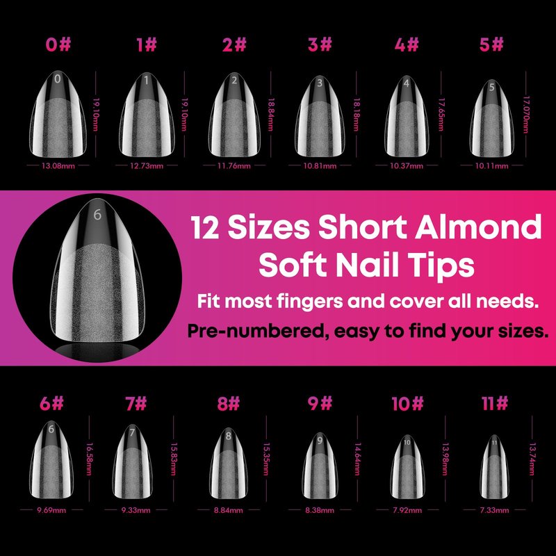 Almond Soft Gel Nail Tips, 240Pcs Pre Etched Clear Fake Nails Short Almond Shape, 12 Sizes Half Matte Full Cover Acrylic Press on Flase Tip Nail for Extension Nail Manicure Home DIY with Box