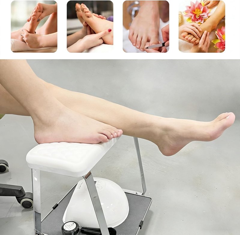 Pedicure Foot Rest with Wheels for Nail Art Techs, Foot Therapy Pedicure Cart with Storage Tray, Soft Cushion & Stainless Steel Stand, Pedicure Stool for Salons, Spa, Massage, Home (White)