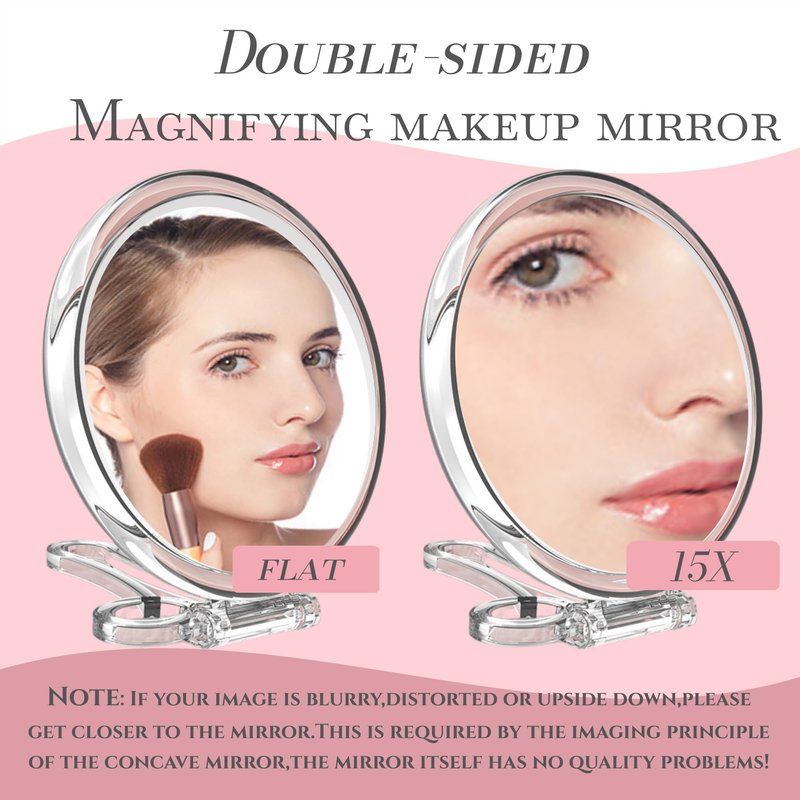 Double-Sided Magnifying Handheld Mirror, 1X & 15X Magnification, Folding Travel Makeup Mirror with Adjustable Rotation, Portable Vanity Desk & Hand Mirror