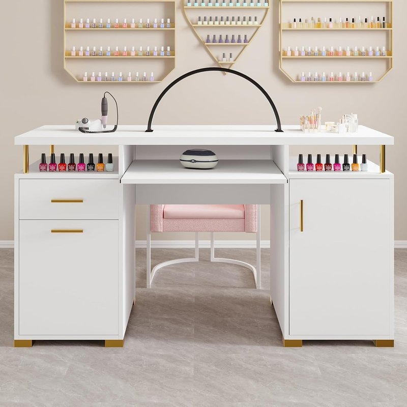 MaverickFurni White Nail Desk for Nail Tech, Manicure Table with 2 Drawers and Cabinet, 55 Inch Nail Table with Adjustable Shelf, Manicure Table Nail Station, White and Gold