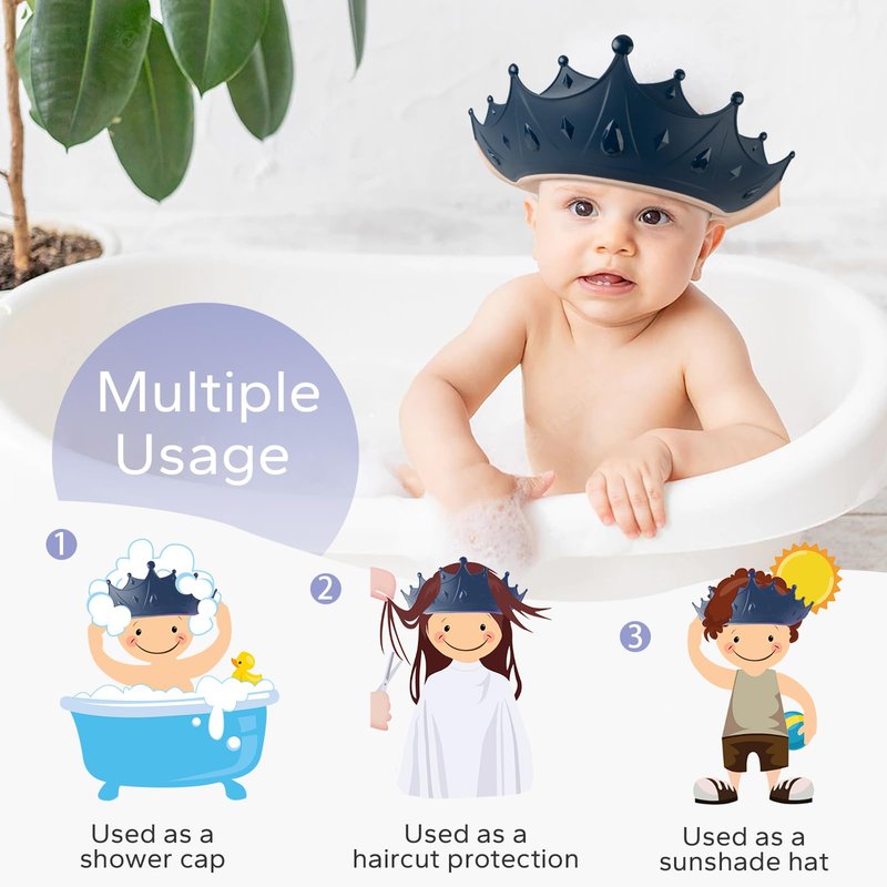 FUNUPUP Baby Shower Cap for Kids with Bath Rinse Cup, Adjustable Toddler Hair Washing Shampoo Shield Hat Baby Bath Visor Shower Hat for Kids（Crown Blue)