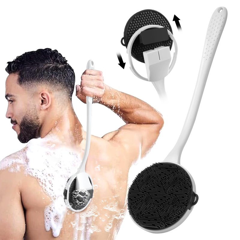 Silicone Back Scrubber for Shower - 16'' Detachable Long Handle Exfoliating Brush, 2025 Upgrade Loop Fin Bristles Body Brush, Deep Cleansing for All Skin, Back Washer for Men and Women (Black)