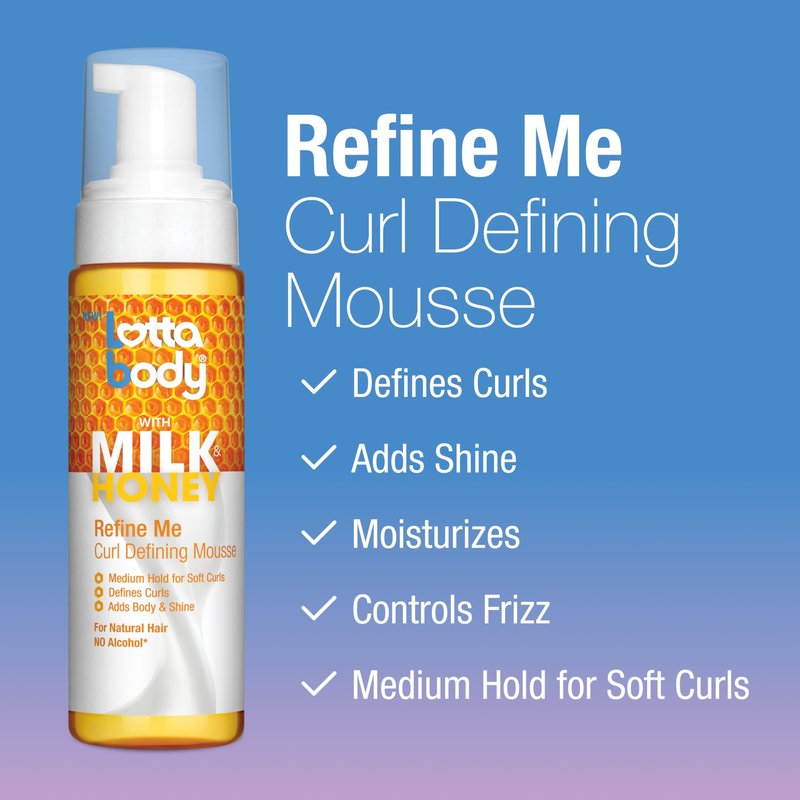 Lottabody Refine Me Curl Defining Mousse with Milk & Honey, Lightweight, Moisture-Rich Frizz-Control Styling Mousse for Softly Defined Natural Curly & Coily Hair, 7 oz