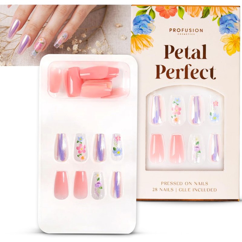 Profusion Cosmetics Petal Perfect 28PC Press on Nails Medium Coffin Fake Nails, Glossy False Nails with Pink, Chrome & Floral Designs, Reusable Coffin Nails with Glue Tabs