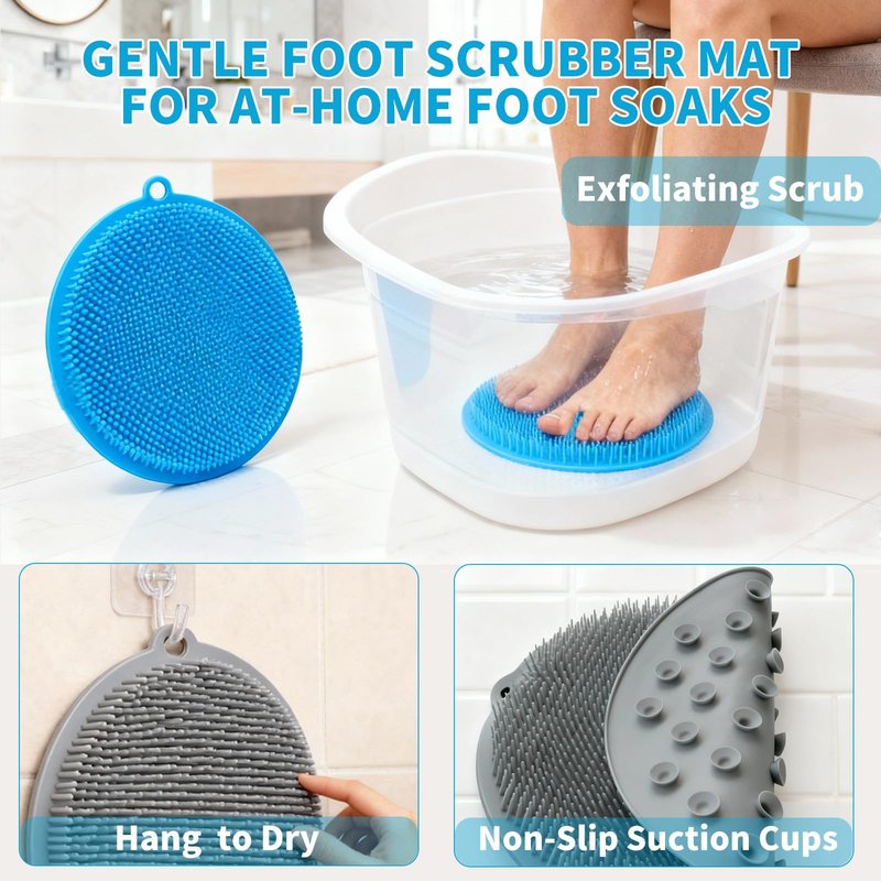 Merleu 2 Pack Shower Foot Scrubber & Shower Back Scrubber Wall Mounted with Delicate Brush,Circular Design Shower Back Scrubber,Non-Slip Foot Scrubber Mat(Grey and Blue)