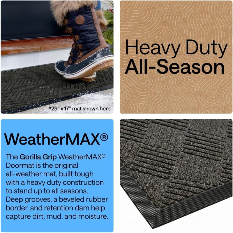 Gorilla Grip Waterproof All-Season Doormat - Natural Rubber, Stain & Fade Resistant | 29x17 Gray Diamond