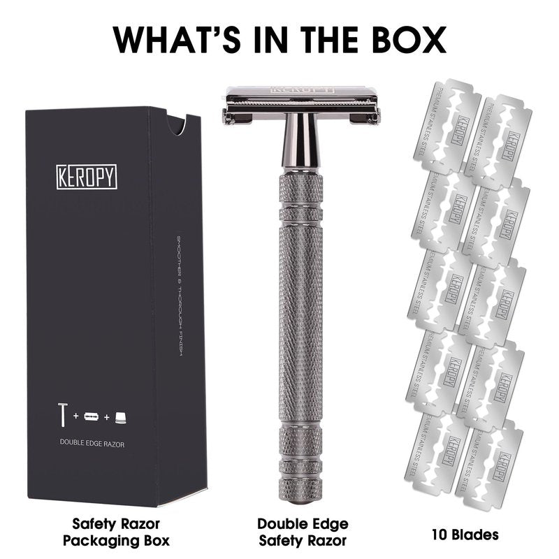 Double Edge Safety Razor for Men with 10 Double Edge Safety Razor Blades, Single Blade Butterfly Razor - Men Metal Razor for Shaving, Traditional One Blade Razor Kit - Gloss Black