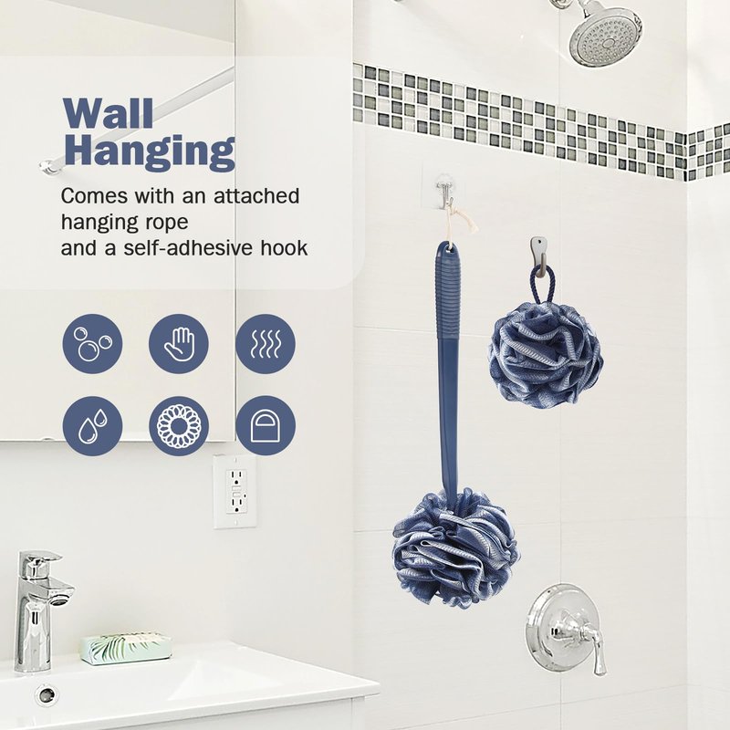 ROLIZOE Loofah With Handle Back Scrubber for Shower, Non-Slip 17" Plastic Handle, Hand Shower & Loofah on a Stick Sponge Set, Deep Blue With White Edge