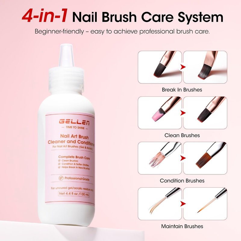 Gellen Nail Art Brush Cleaner Set - 130ml Rose Oily Acrylic Cleaner with Filter Mesh Cup & 100 Lint-Free Pads