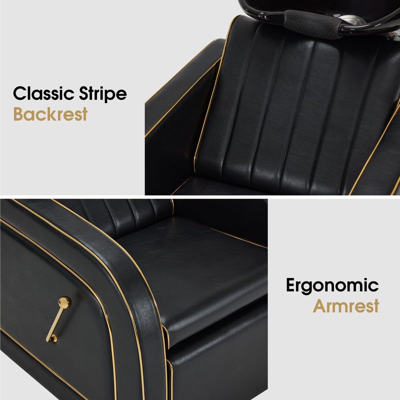 BarberPub Backwash Shampoo Chair and Bowl Set, Adjustable Porcelain Ceramic Wash Bowl Sink Unit, Luxurious Shampoo Station Chair for Spa Beauty Salon Hair Salon 9175 (Luxurious, Black)