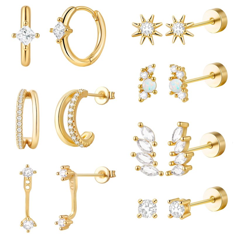 Gold Flat Back Earrings Stacks Hypoallergenic Cartilage Earrings for Women,20G Lobe Tragus Helix Conch Piercing Jewelry,Dainty 14K Gold Plated Stud Hoop Earring Set