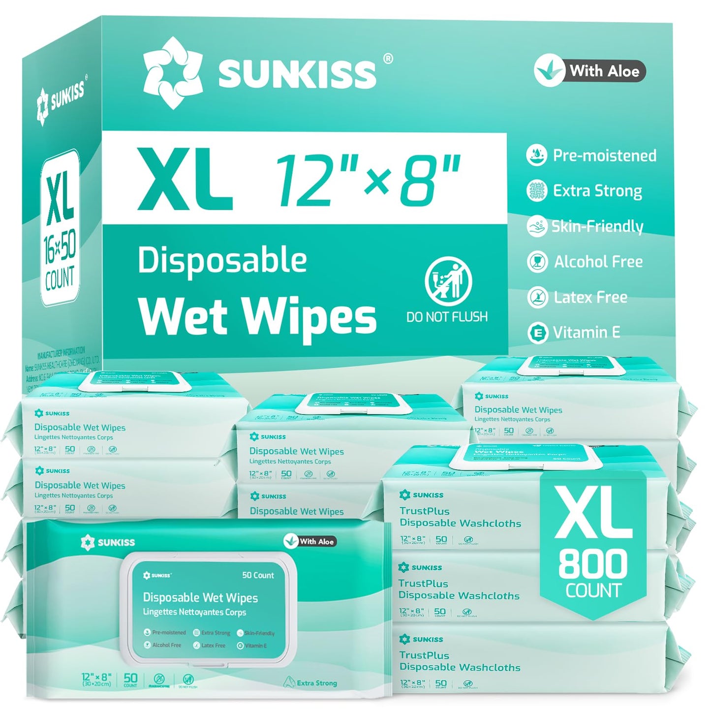 SUNKISS Trustplus Wet Wipes for Adult No Rinse, Extra Large 8”x12” Body Cleaning Washcloths for Elderly Incontinence & Cleansing, Unscented, 800 Count (16 Packs of 50)
