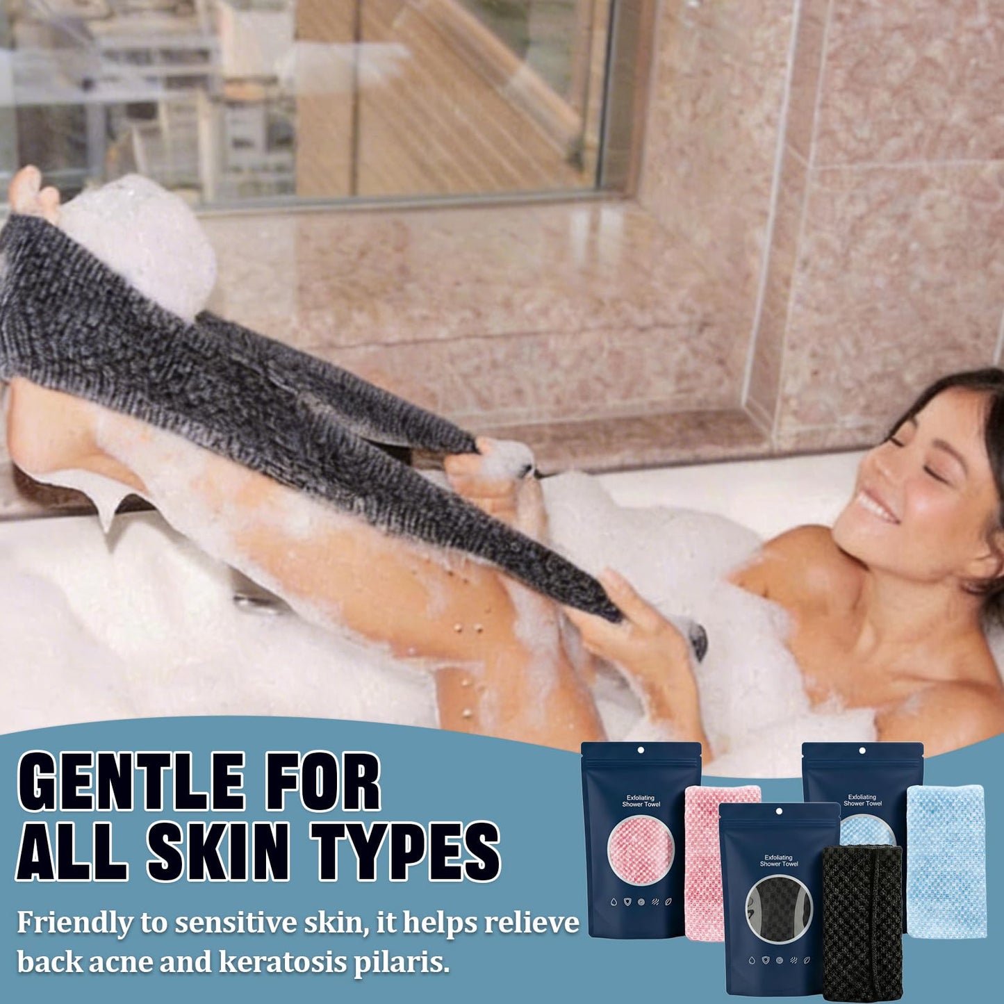 VHOUHOU 3 PCS Deep Exfoliating Shower Towels for Men & Women, Durable Exfoliating Towel, Premium Scrub Wash Cloth for Body Face, Comfortable Touch (Black, Blue, Pink)