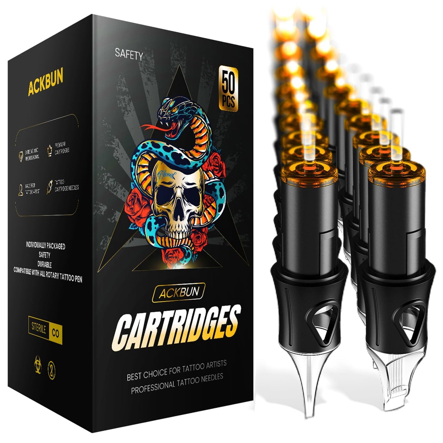 Ackbun 50 Assorted Tattoo Cartridge Needles Mixed Size #12 Standard Round Liner Shader Magnum - 5Pcs each of 5RL, 7RL, 9RL, 11RL, 5RS, 9RS, 15M1, 21M1, 15RM, 21RM Pro Disposable Tattoo Needles