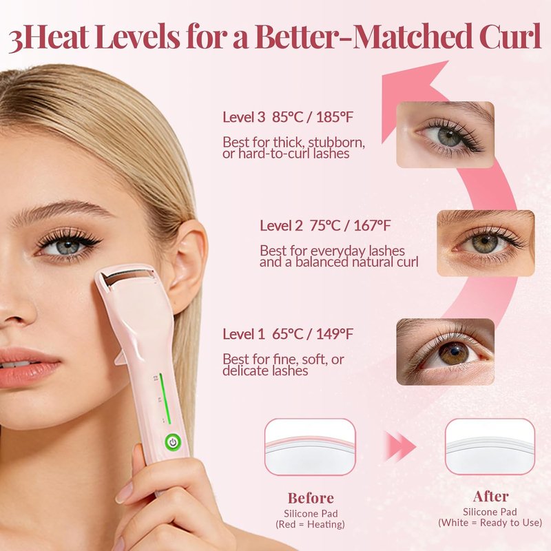Skiennix Heated Eyelash Curler - 3 Heat Levels, Fast 8s Heating, USB-C Rechargeable, Anti-Burn Pad | Pink