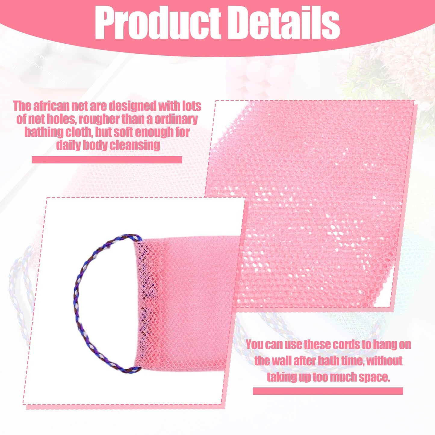 WJIAAA 3 Pieces African Net Sponge with Handles, Back Scrubber for Shower Exfoliating, Stretchable Authentic African Exfoliating Net Sponge Back Scrubber, Body Wash Nets Sponges for Bath
