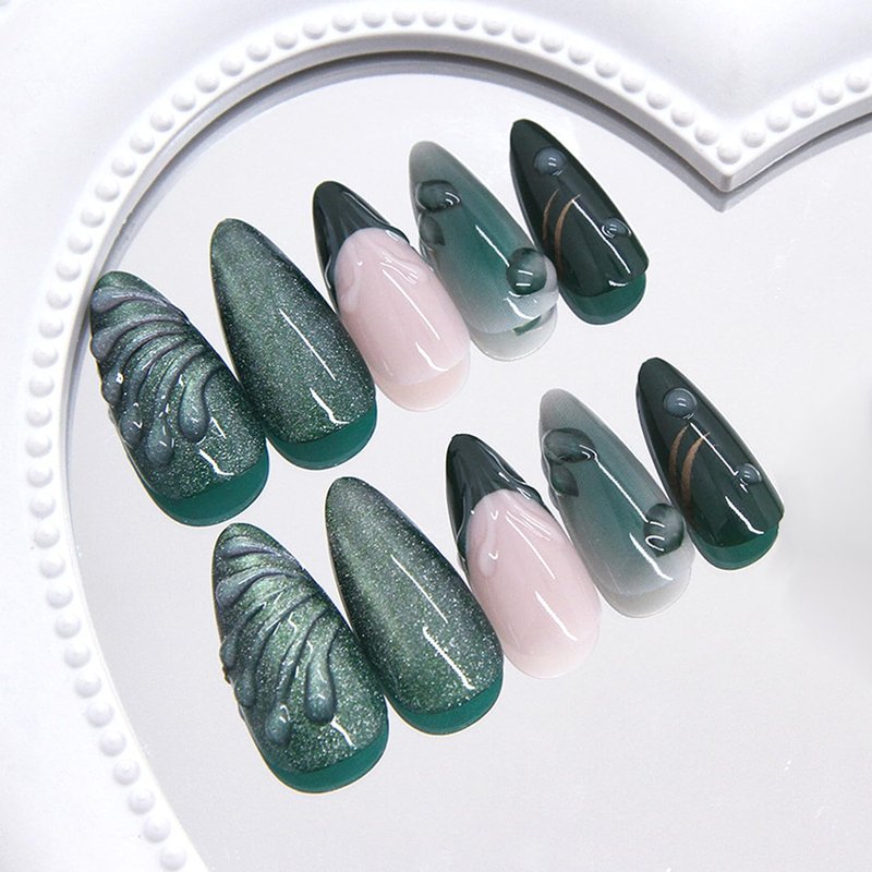 24Pcs Green Press on Nails Medium Almond Fake Nails with 3D Green Ripple Design Handmade Press on French Nails Tips Leaves Pattern Full Cover Glossy Y2k Reusable DIY Nails for Women Nail