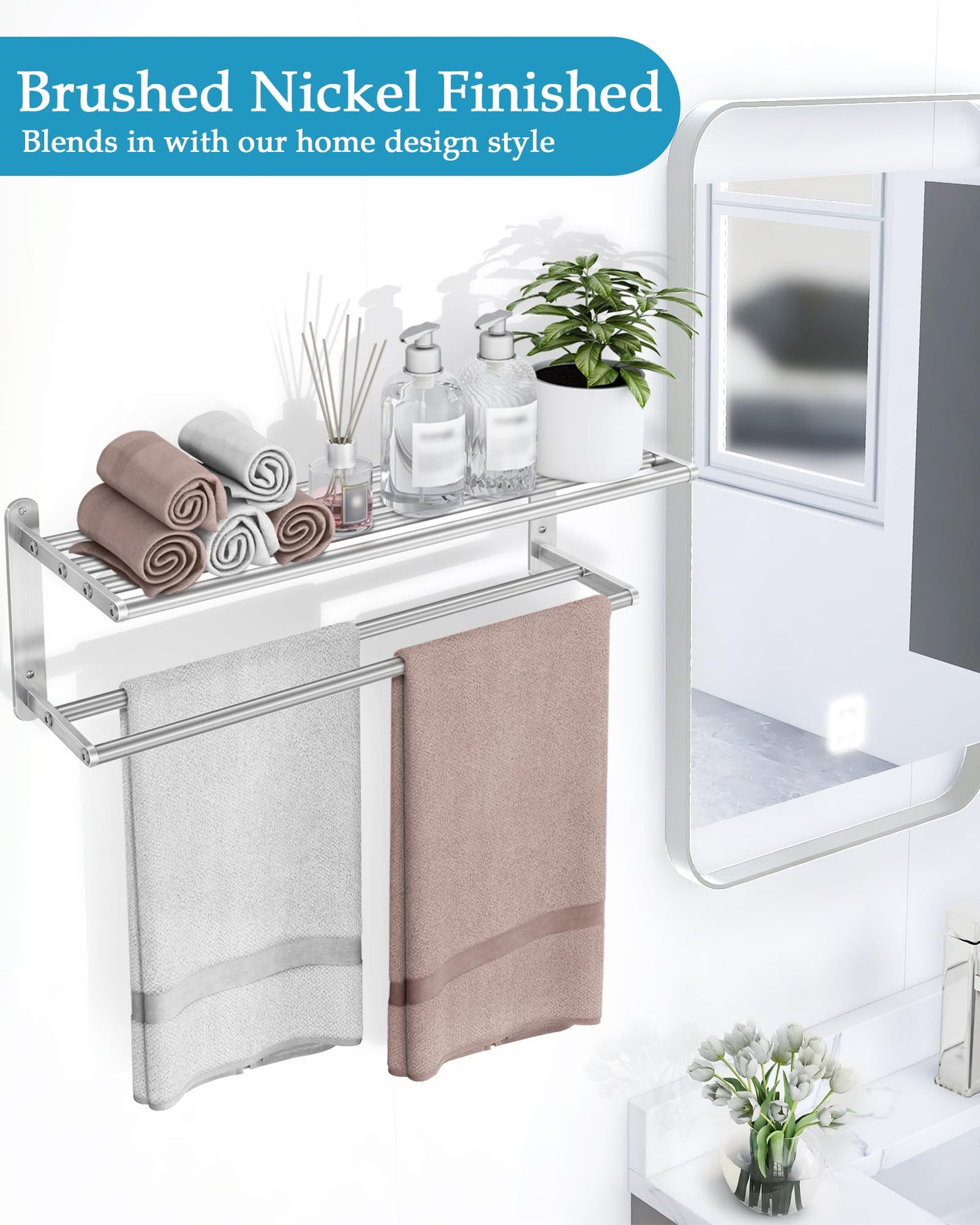 VOTZAAQ Towel Racks for Bathroom - 24 in Bath Towel Shelf with Double Towel Bar, Stainless Steel Towel Storage for Lavatory Wall Mounted, 2-Tier Towel Hanger Towel Holder, Brushed Nickel