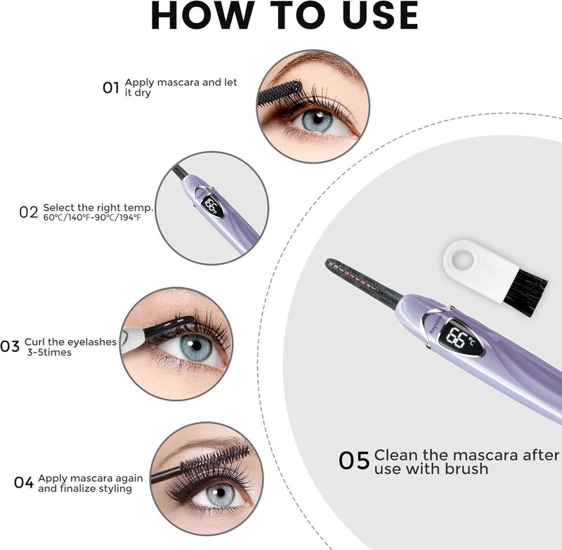 Heated Eyelash Curler - Rechargeable 8-Second Curling Tool for Long-Lasting Natural Makeup | Lilac/Silver, 148MM