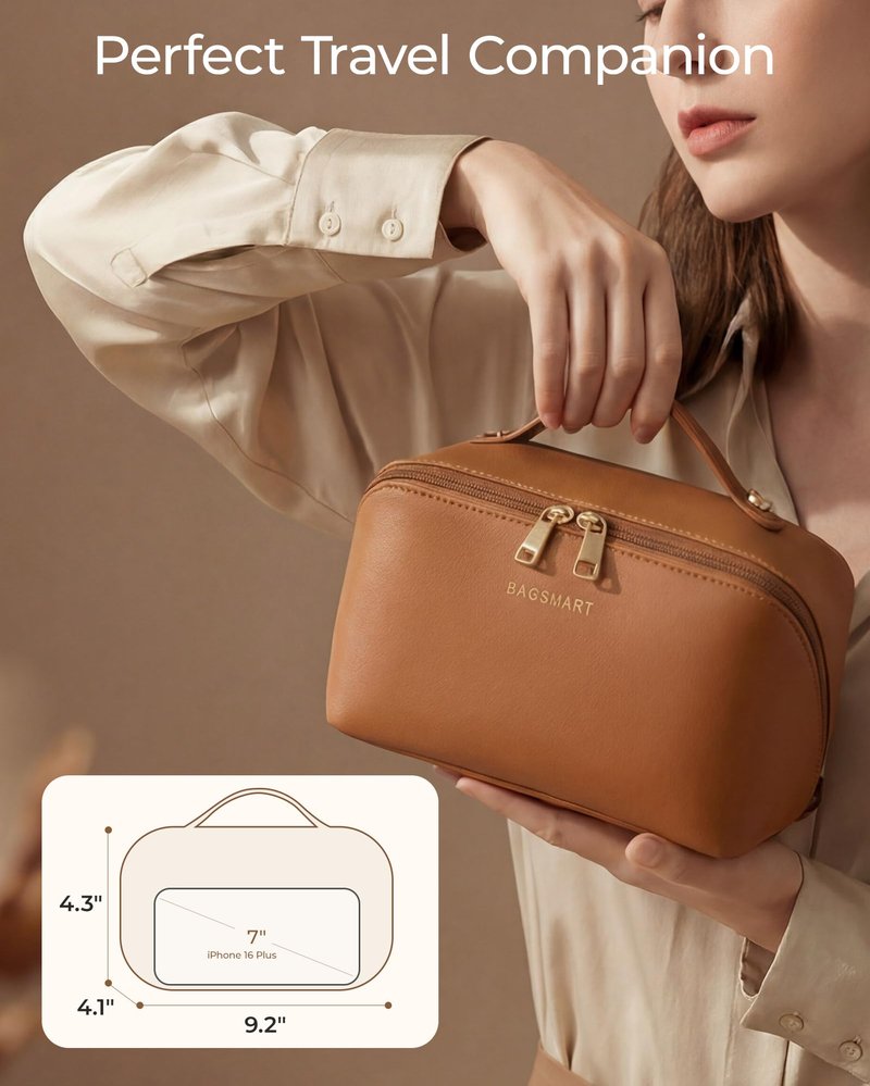 BAGSMART Makeup Bag Travel Cosmetic Bag, Large Make Up Bag Flat Open Toiletry Bag for Women, PU Leather Travel Essentials Organizer Case, Wide-open Pouch Purse for Skincare, Brushes, Classic Brown